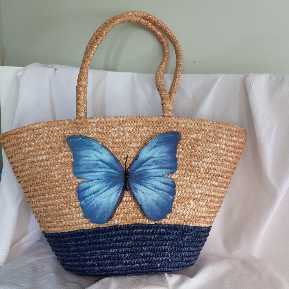 Straw Handbag / Tote Butterfly Decor Large